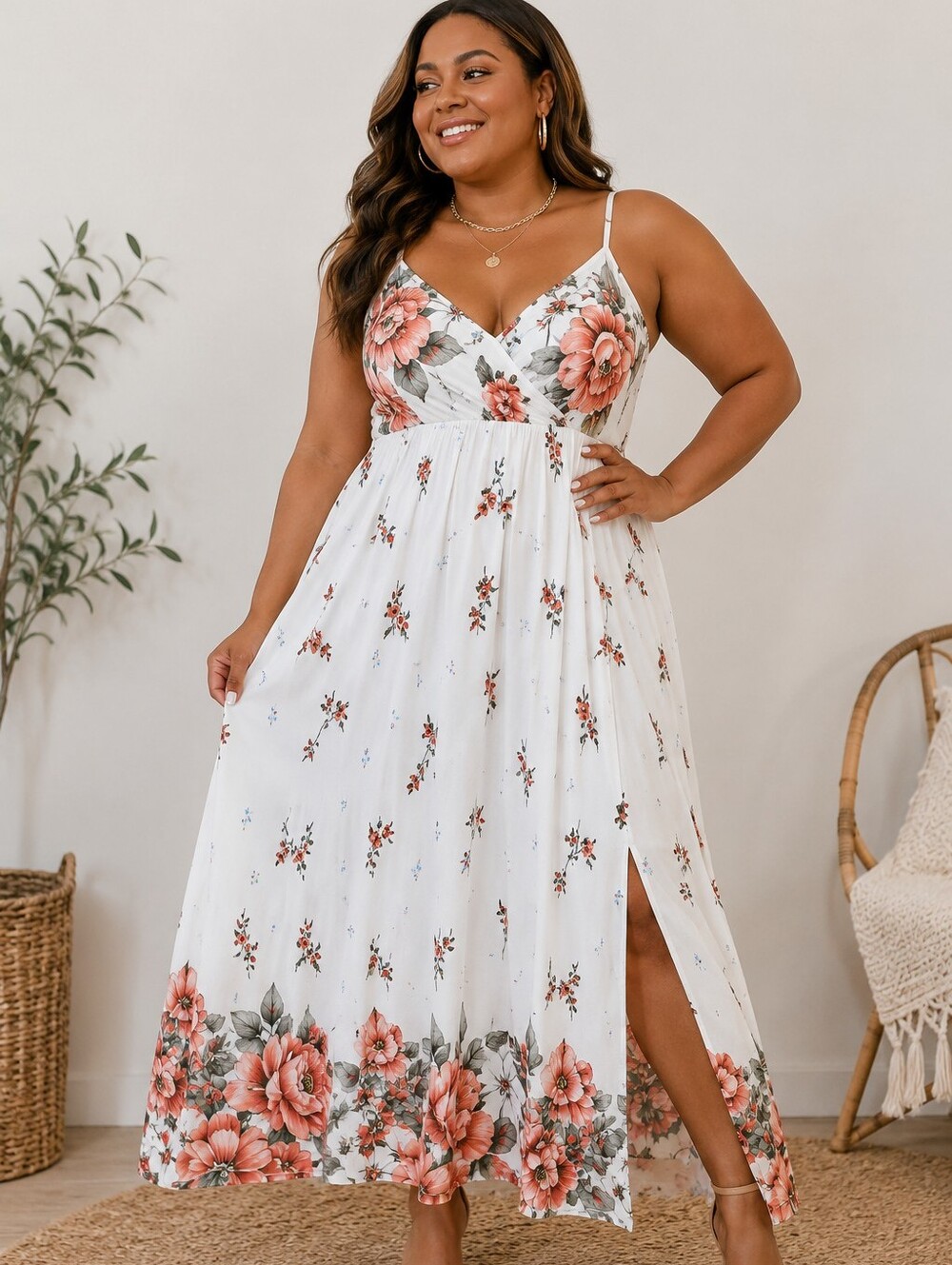 Rosegal White Floral Slip Dress with Coral and Blue Blooms